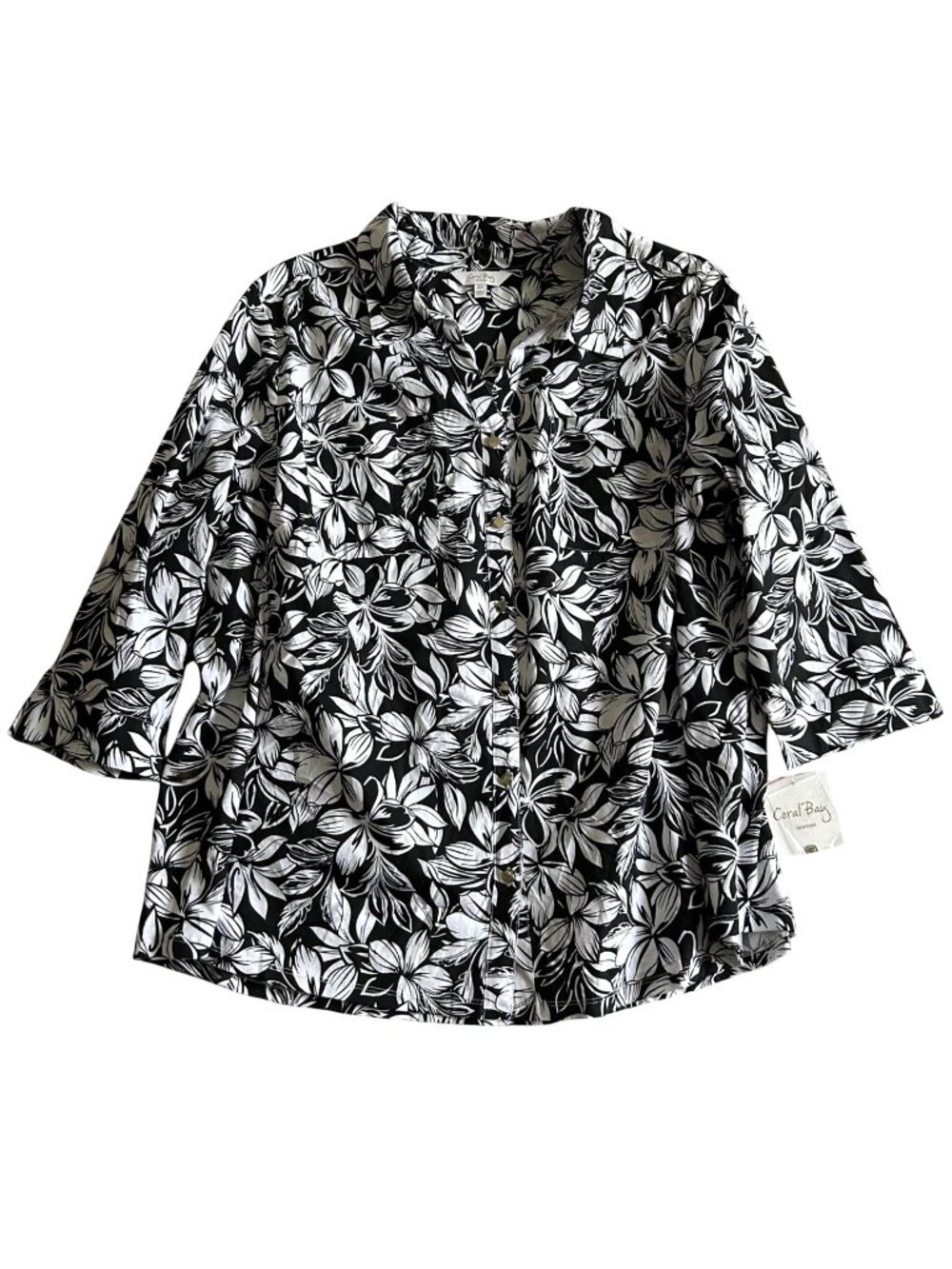 Coral Bay Women's Size 3X Black & White Floral Button-Down Shirt 3/4 Sleeve